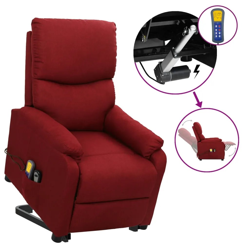vidaXL Poltrona elevatória de massagens tecido vermelho tinto