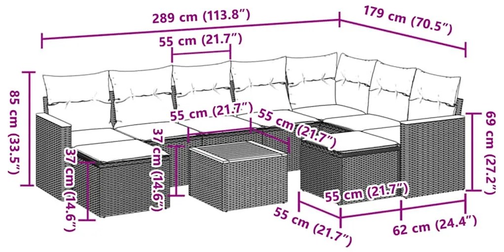 10 pcs conjunto de sofás p/ jardim com almofadões vime PE bege