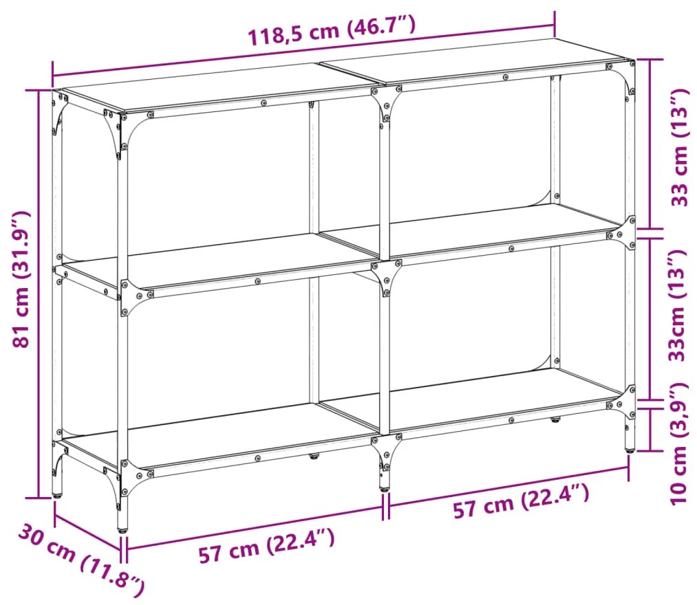 Mesa consola com tampo em vidro preto 118,5x30x81 cm aço