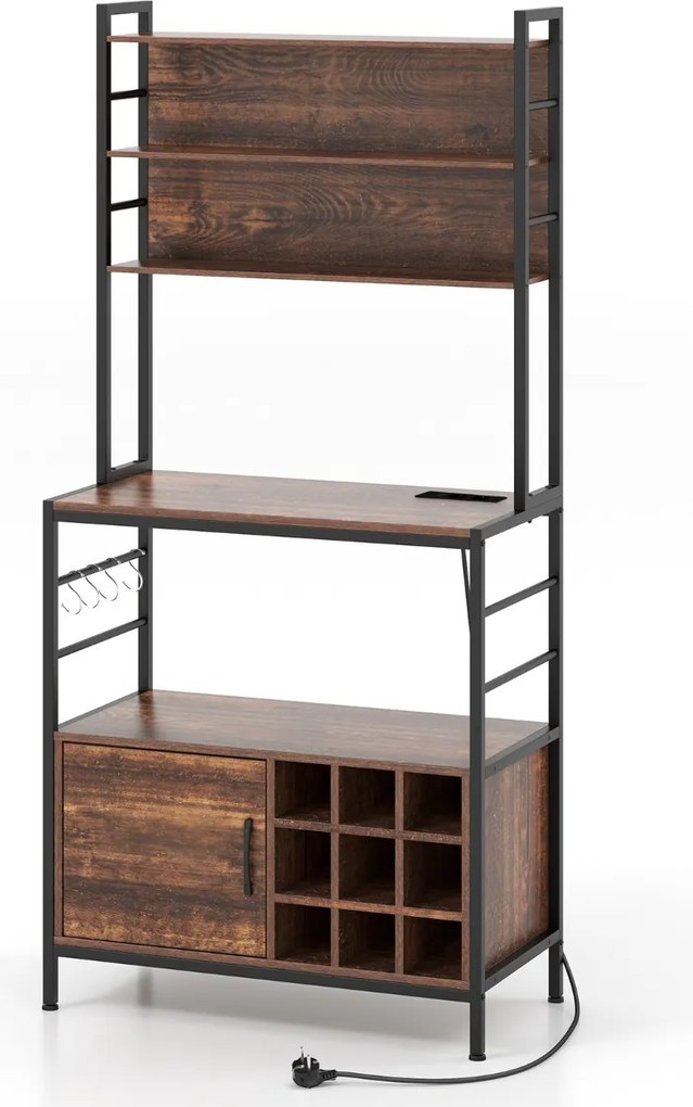 Armario de cozinha 80 x 40 x 170 cm com 2 tomada e 2 portas USB, com ganchos e prateleiras para garrafas de vinho 80 x 40 x 170 cm Castanho