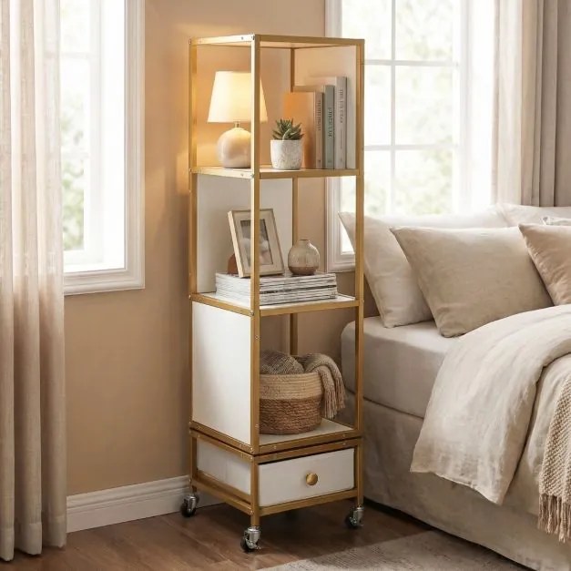 Estante giratória de 4 prateleiras 30 x 30 x 111 cm com rodas de 360°, gaveta estreita removível em tecido e madeira para sala de estar, quarto ou esc