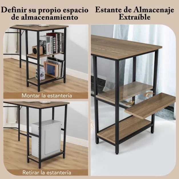 Secretária em forma de L de canto de 138 cm com estrutura em aço carbono Estante de 2 níveis e prateleira extraível Natural