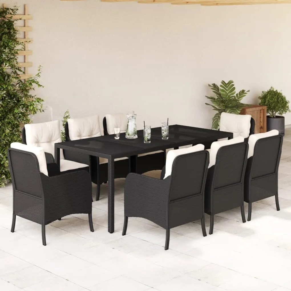 9 pcs conjunto de jantar p/ jardim c/ almofadões vime PE preto