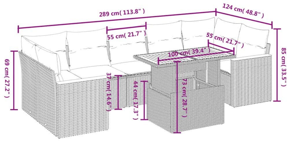 8 pcs conjunto de sofás p/ jardim com almofadões vime PE bege