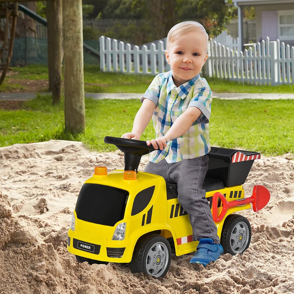 HOMCOM Carro Andador para Bebés acima de 18 meses Tipo Caminhão com Música Faróis Caixa Dobrável e Pá Veículo sem Pedais de Brinquedo