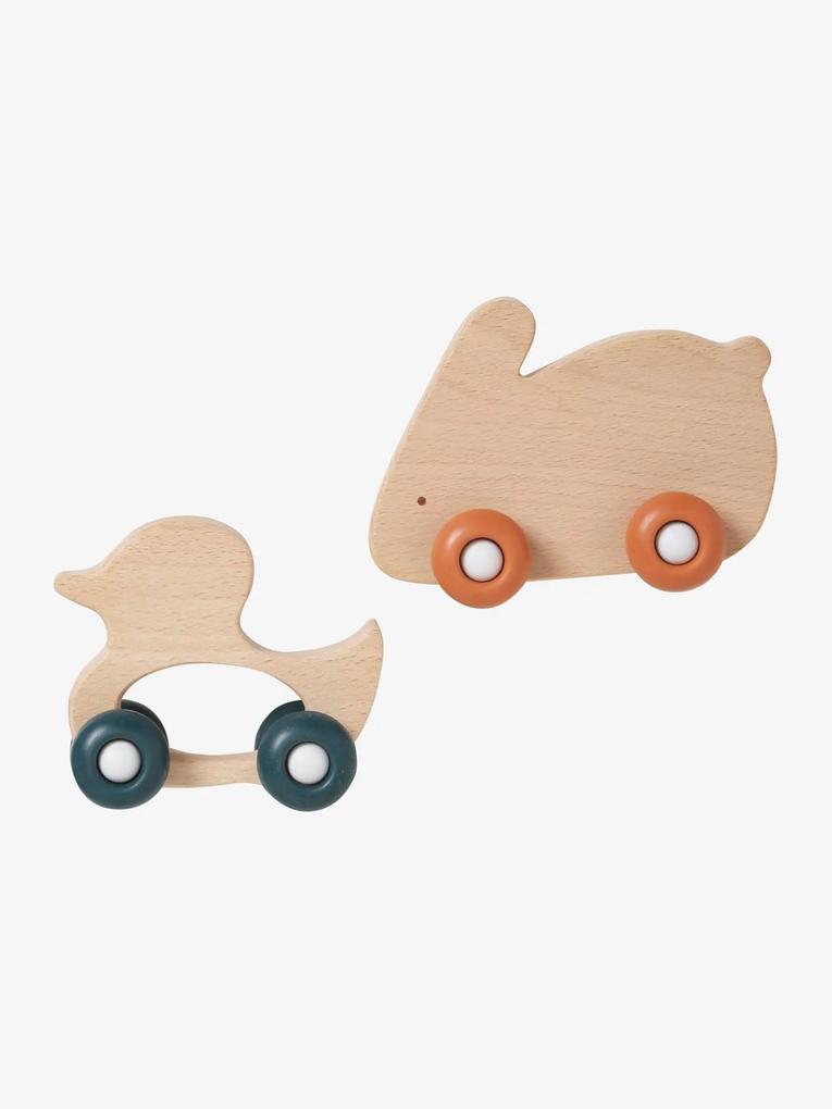Conjunto de 2 animais com rodas, em madeira e silicone laranja escuro liso