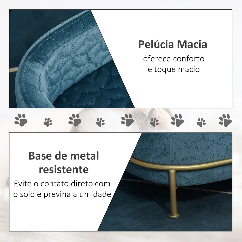 PawHut Sofá para Animais de Estimação em Veludo Cama para Cães e Gatos Pequenos com Almofada Suave Lavável Base de Metal e Bordas Elevadas 63,5x43x24,5cm Azul