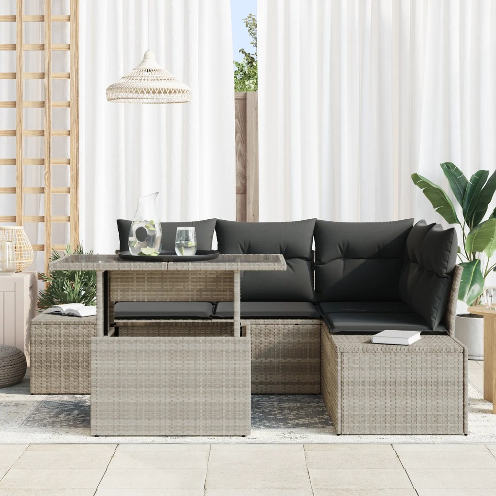 Conjunto de Sofá de Jardim 5 Peças com Almofadas Cinza Claro em Rattan