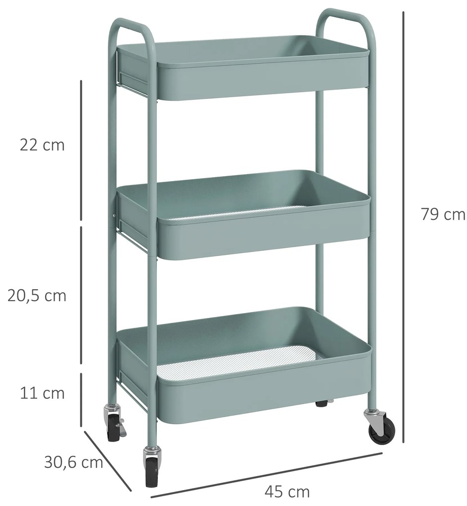 Carrinho Auxiliar de 3 Níveis com Rodas Carrinho de Armazenamento Deslizante para Cozinha Sala 45x30.6x79 cm Azul Claro