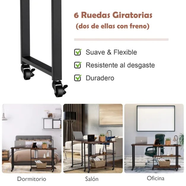 Mesa para computador secretária giratória 360 °  de metal com 6 rodas universais Mesa para sofá para escritório 101 x 30 x 70,5 cm Castanho