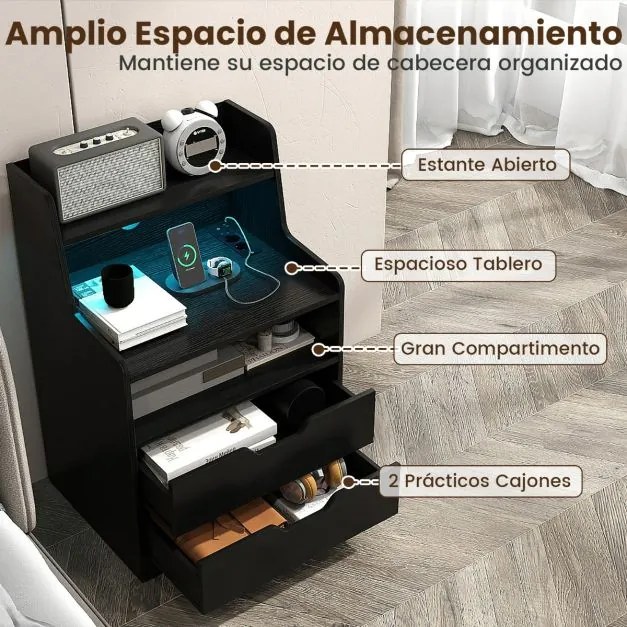 Mesa de cabeceira LED com estação de carregamento com 2 gavetas e prateleira aberta 45 x 35 x 72,5 cm Preto