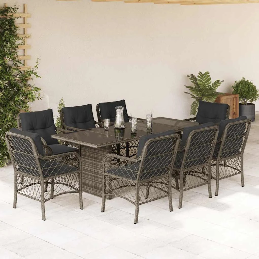9 pcs conjunto de jantar p/ jardim c/ almofadões vime PE cinza