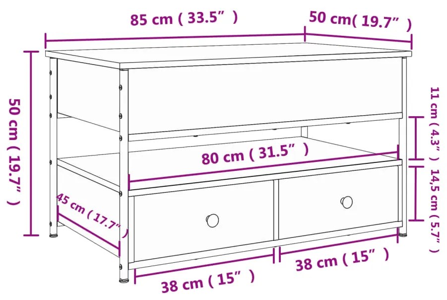 Mesa centro 85x50x50 cm deriv. madeira/metal carvalho castanho