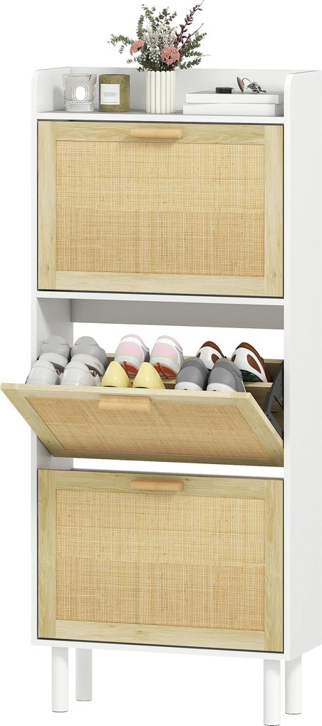Sapateira com 3 portas basculantes e prateleira com efeito de resina trançada, estilo boémio, 65 x 24,5 x 153 cm, branco