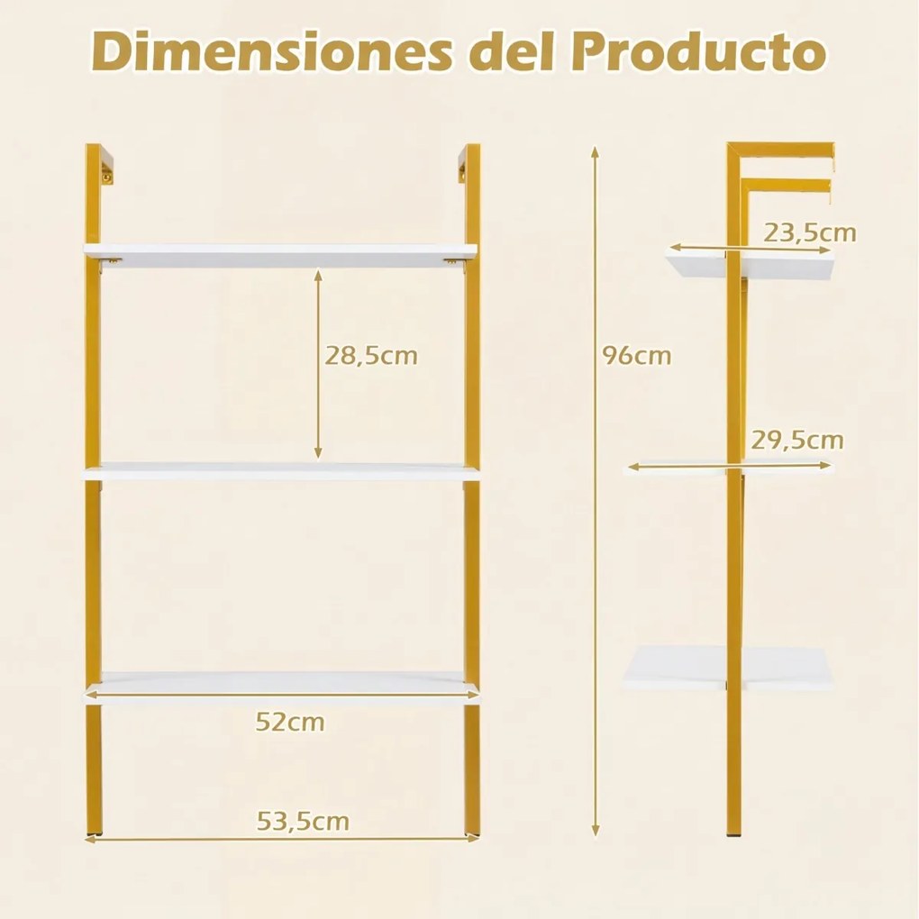 Estante flutuante 53,5 x 29,5 x 96 cm de 3 níveis em forma de escada, com estrutura preta e painéis industriais, para casa de banho, cozinha ou sala d