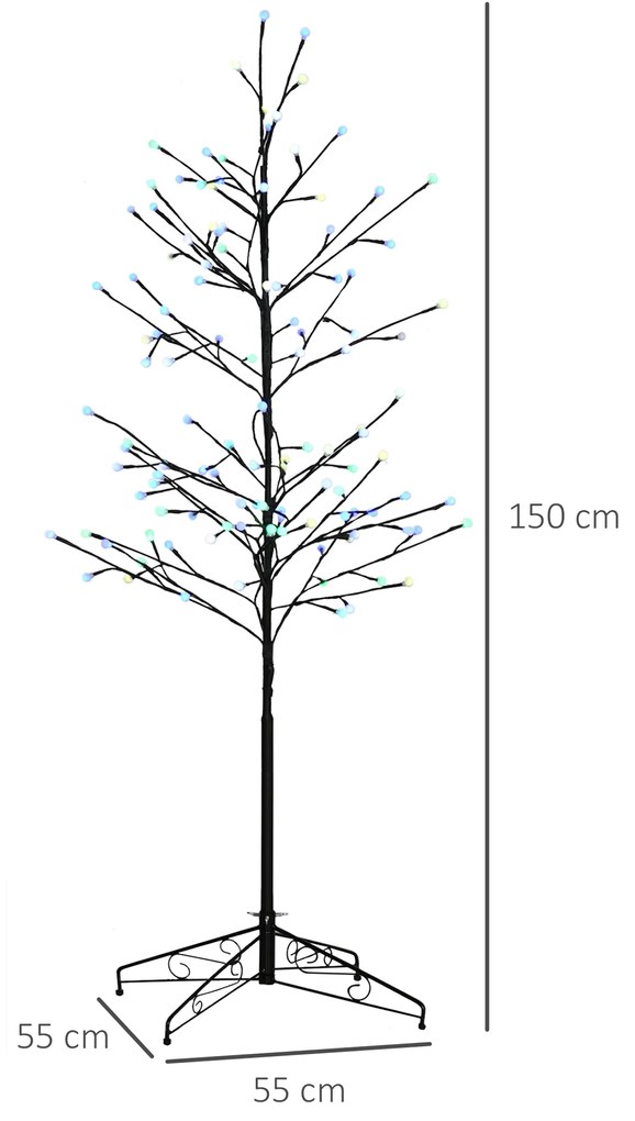 HOMCOM Árvore Sintética Altura 150cm com 120 Luzes LED IP44 Ajustável em 7 Modos Ramos Flexíveis e Base de Candeeiro Árvore Iluminada Decoração de Natal para Interiores 55x55x150cm Preto