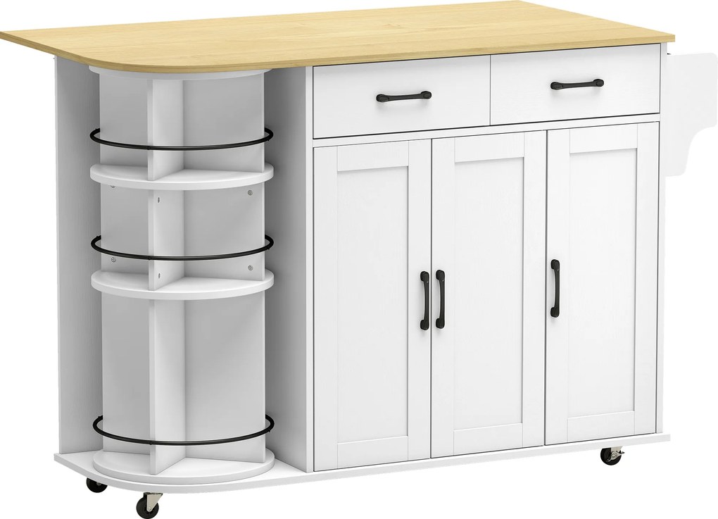 HOMCOM Ilha de Cozinha com 5 Rodas, Tampo Extensível, 3 Prateleiras Giratórias 360°, 2 Gavetas, 3 Portas e Toalheiro, Branco | Aosom Portugal