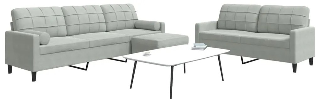 3 pcs conjunto sofás com almofadões e rolos veludo cinza-claro