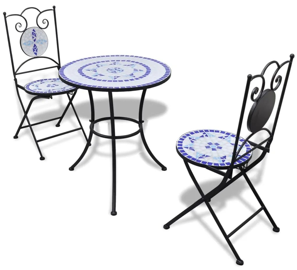 vidaXL Conjunto bistrô azulejos de cerâmica 3 pcs azul e branco
