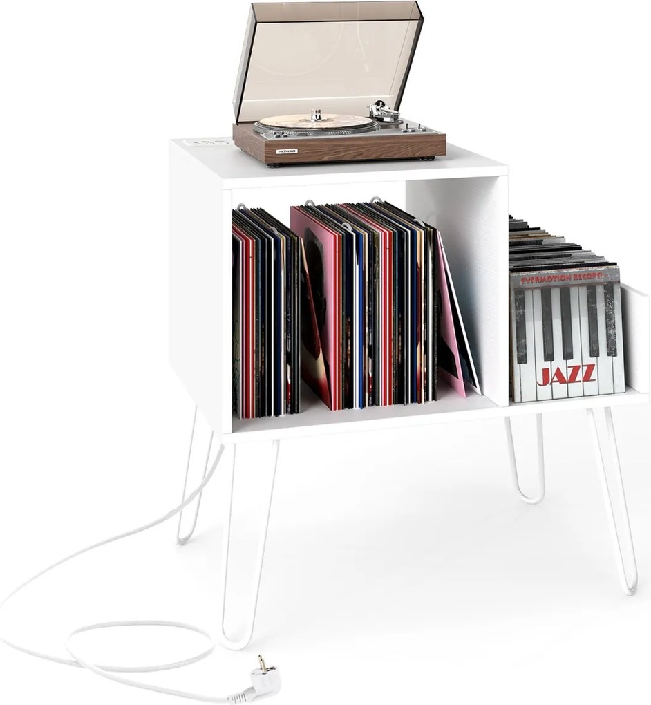 Móvel para gira-discos e discos de vinil com estação de carregamento 66 x 45 x 67 cm, Separador removível Branco