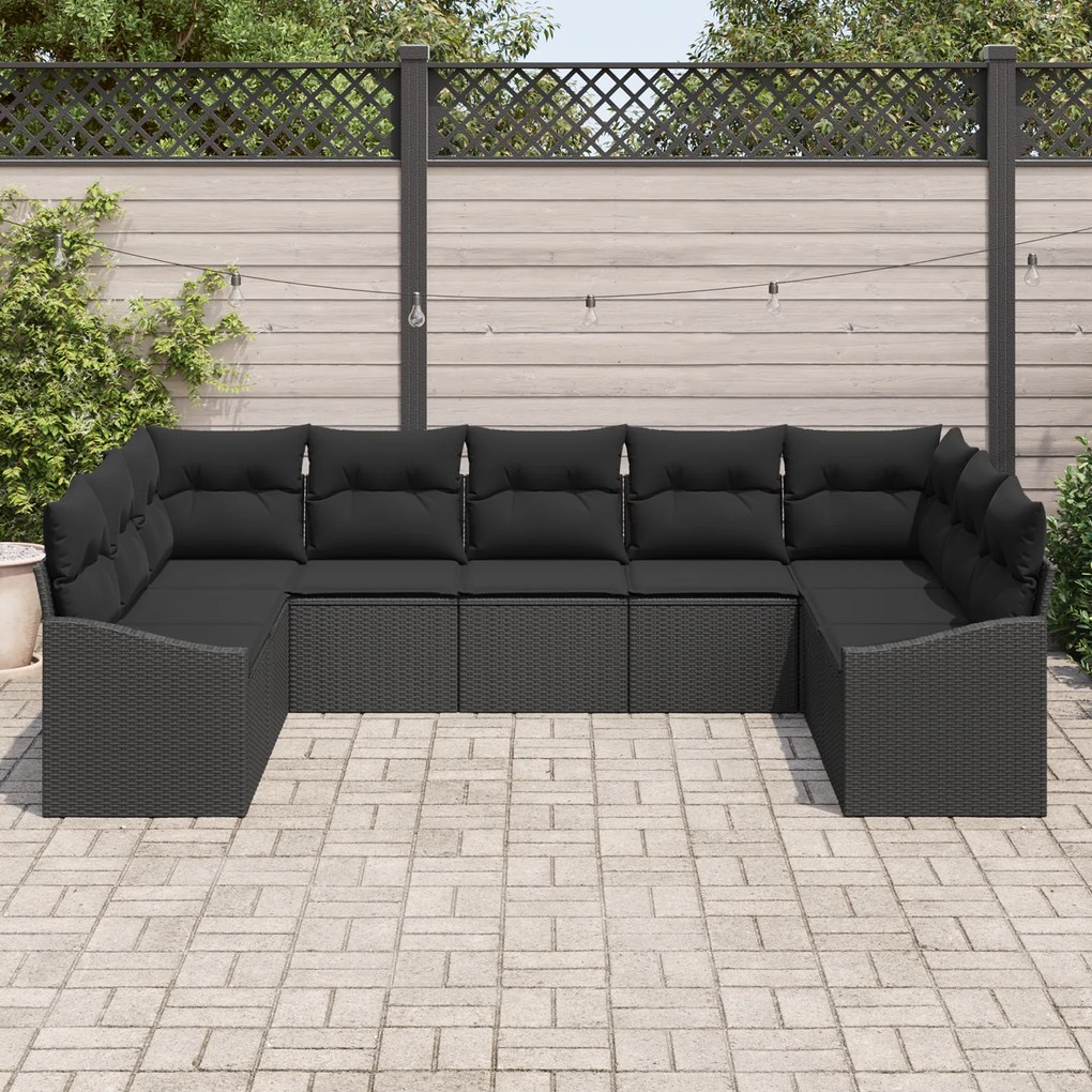 Conjunto de Jantar de Jardim 9 Peças com Almofadas Preto Rattan Sintét