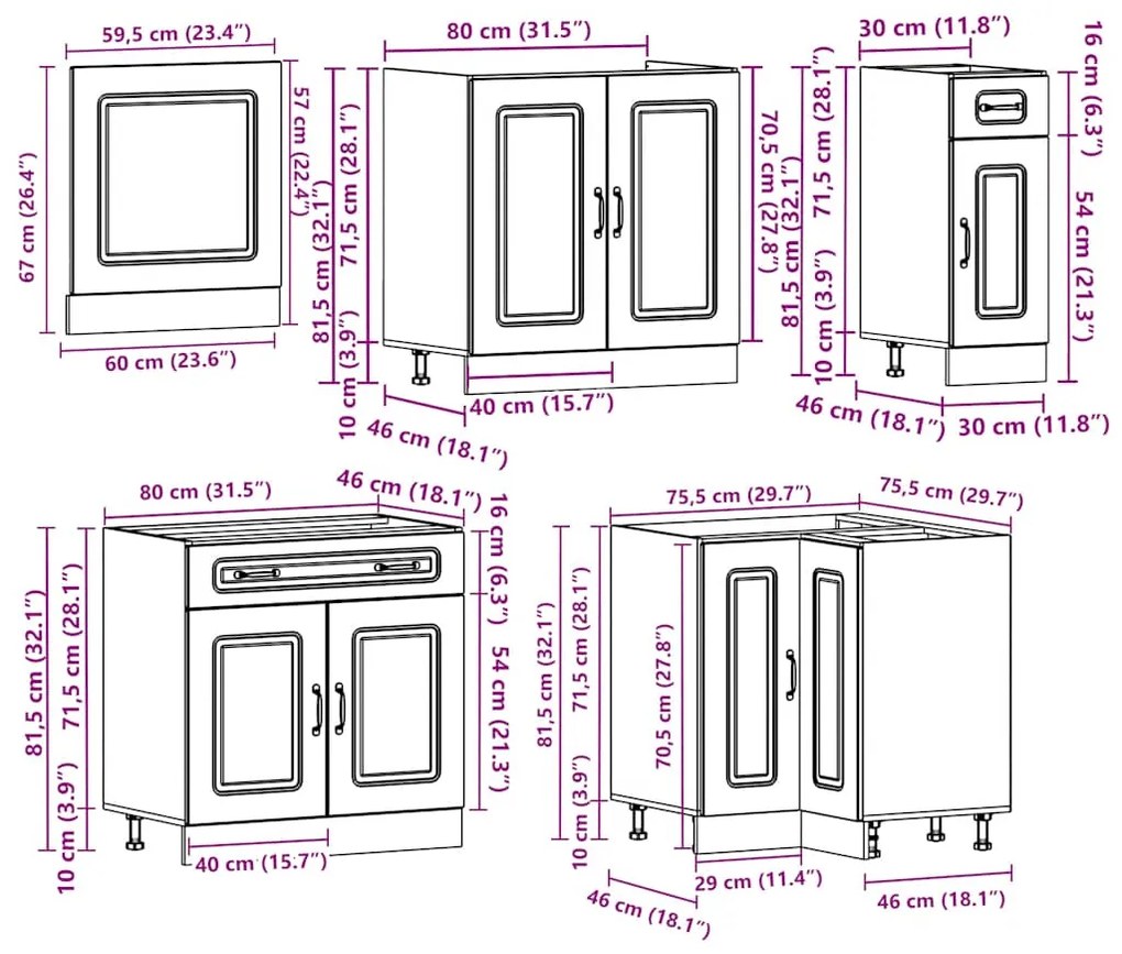 11 peças armário de cozinha conjunto Kalmar carvalho castanho