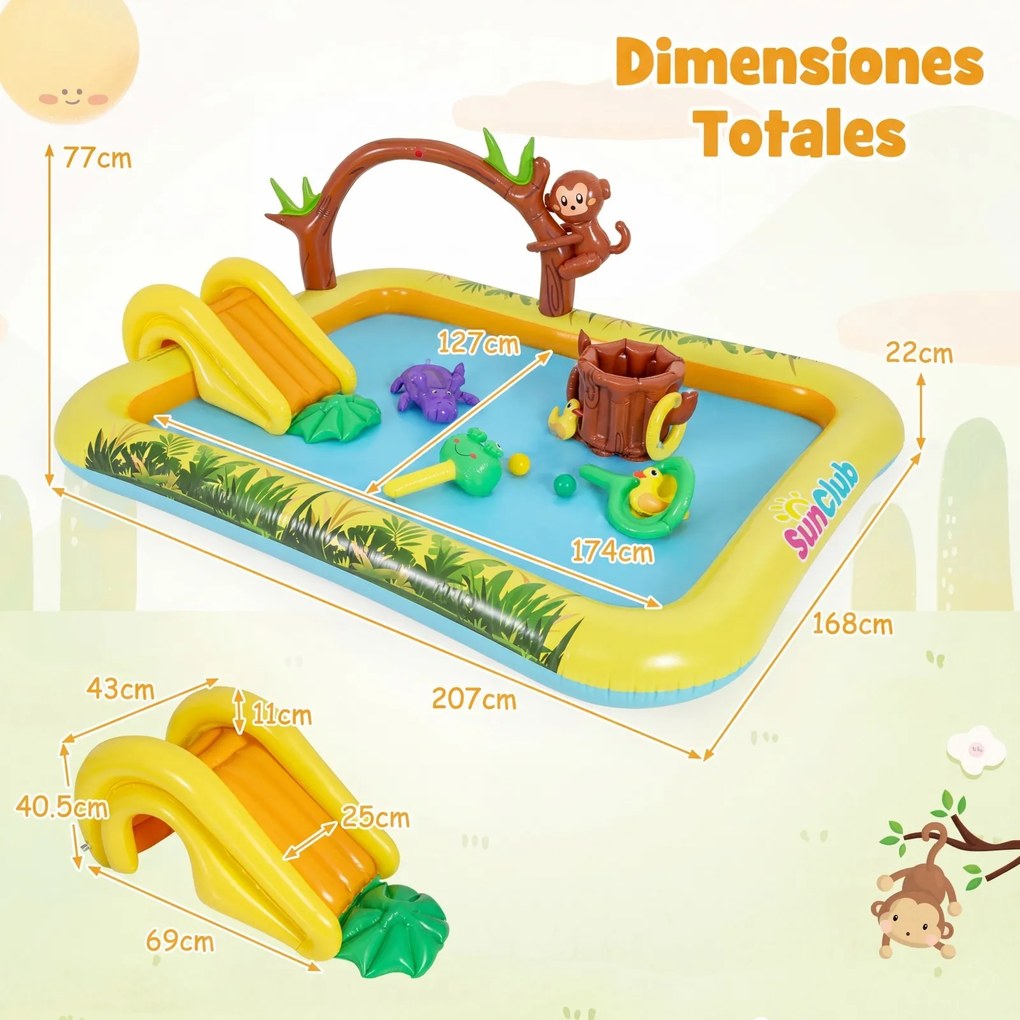 Piscina insuflável infantil 207 x 168 x 77 cm com escorrega e jato de água em forma de arco com animais, centro de jogos aquáticos para exterior Multi