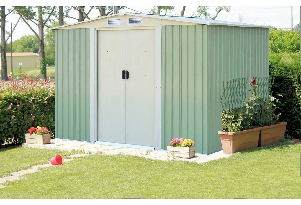 Abrigo Jardim com porta deslizante e telhado de duas águas galvanizado com ventilação 205 x 257 x 175,5 cm Verde claro
