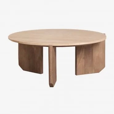 Mesa De Centro Redonda Em Pedra Natural E Madeira De Manga Lavinia Travertino & Madeira De Manga Rústica & Ø70 Cm - Sklum