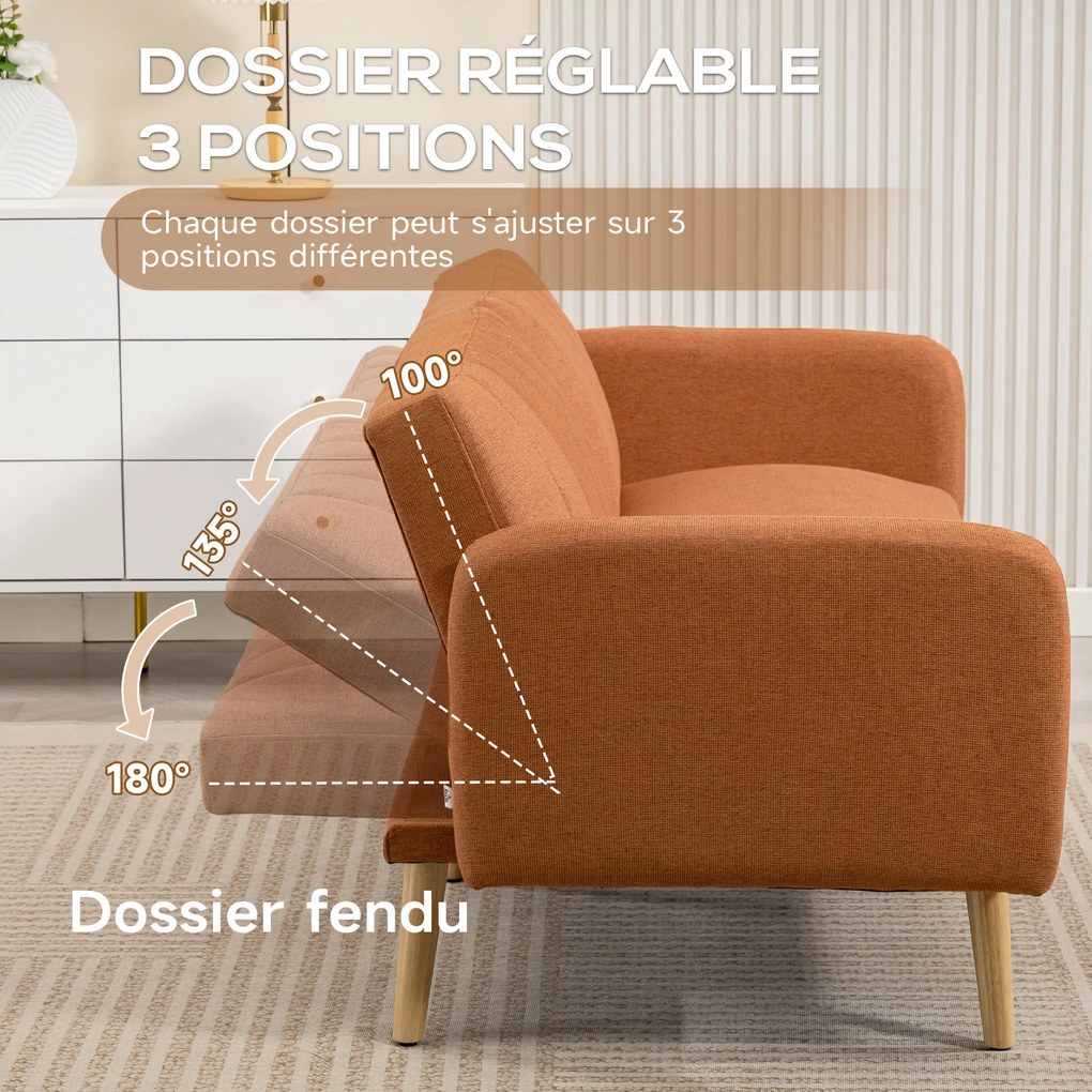Sofá-Cama de 2 Lugares, 173 x 75 x 73 cm, Encosto Reclinável em 3 Posições, Castanho