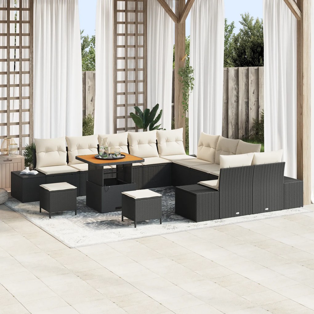 Conjunto de Sofás de Jardim vidaXL com 13 peças e Almofadas Preto Rattan Poliéster Acácia