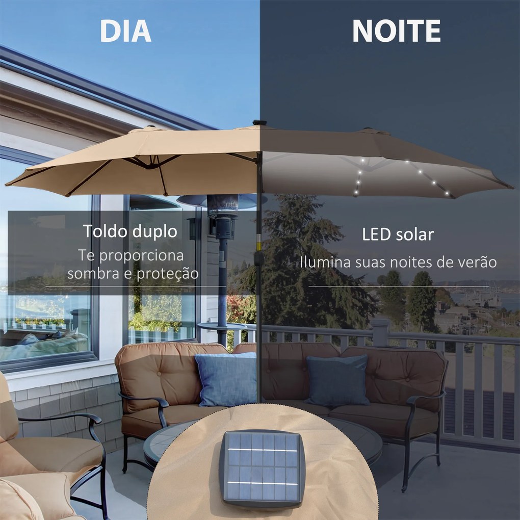 Outsunny Chapéu de Sol Duplo de Jardim com 48 Luzes LED Solar 450x265x240cm Chapéu de Sol de Exterior com Manivela Proteção Solar para Terraço Balcão Piscina Cáqui
