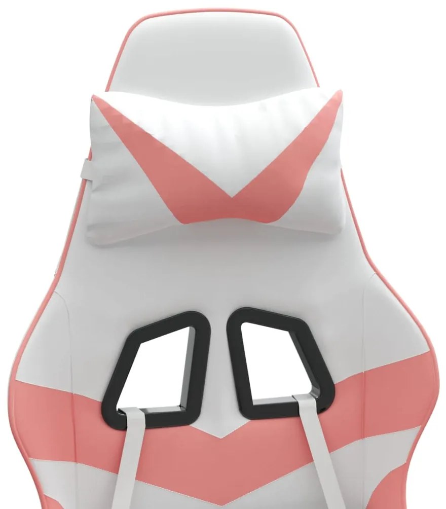 Cadeira gaming giratória c/ apoio pés couro artif. branco/rosa