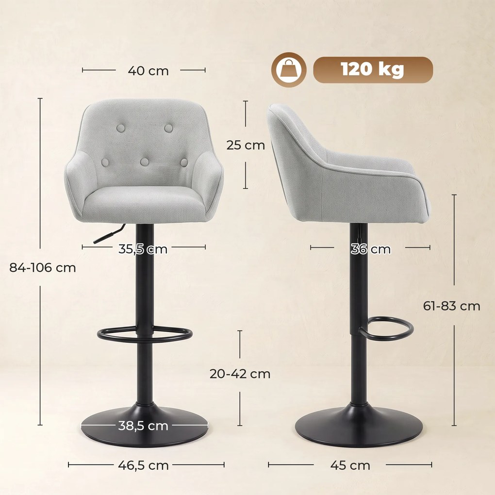 Conjunto de 2 Bancos de Bar, 46,5 x 45 x 106 cm, Altura Regulável, Cinzento