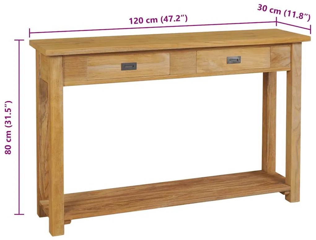 Mesa consola de teca maciça 120x30x80 cm