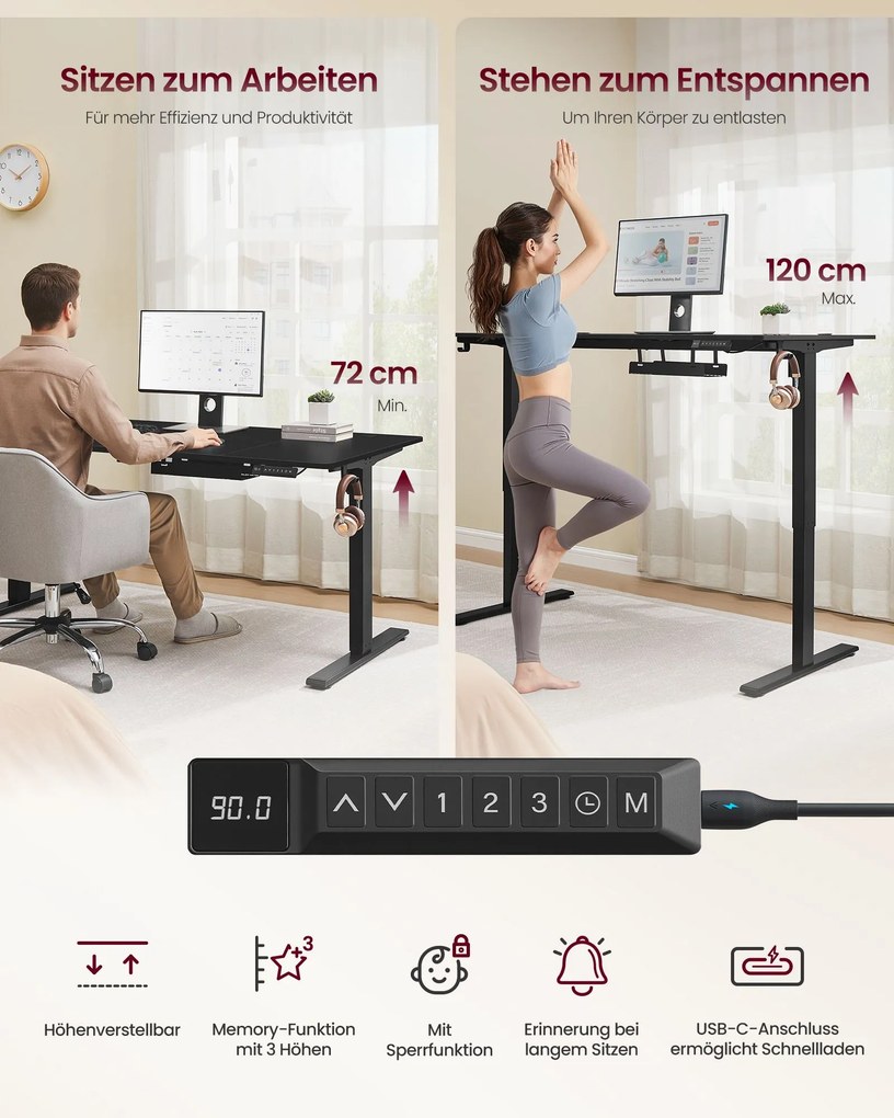 Secretária elétrica ajustável em altura com porta USB-C, 180 x 80 x (72-120) cm Preta