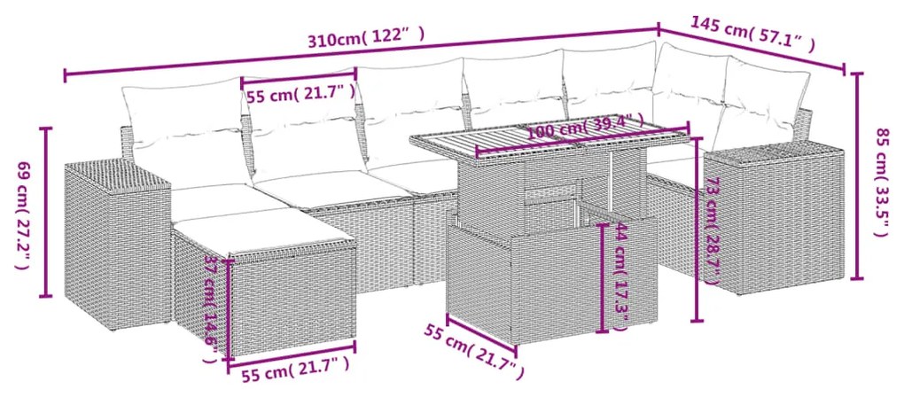 8 pcs conjunto sofás de jardim com almofadões vime PE preto