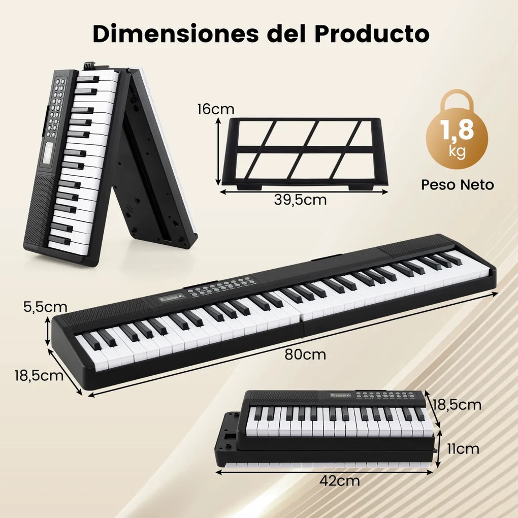 Teclado dobrável de 61 teclas com função Split 3 modos de ensino Microfone com alto-falantes duplos MP3 USB e MIDI 80 x 18,5 x 5,5 cm Preto