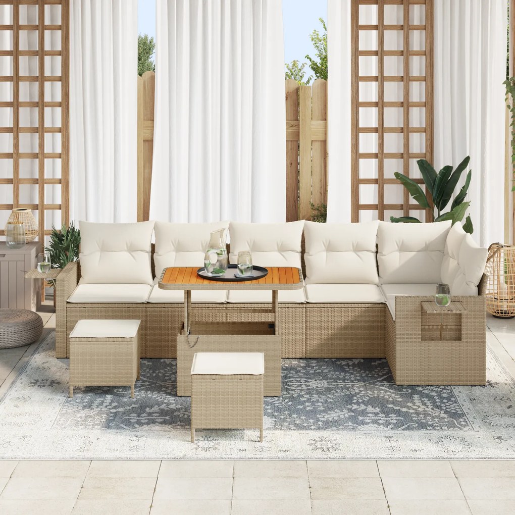 Conjunto de Sofá de Jardim de 9 Peças vidaXL com Almofadas Bege Rattan
