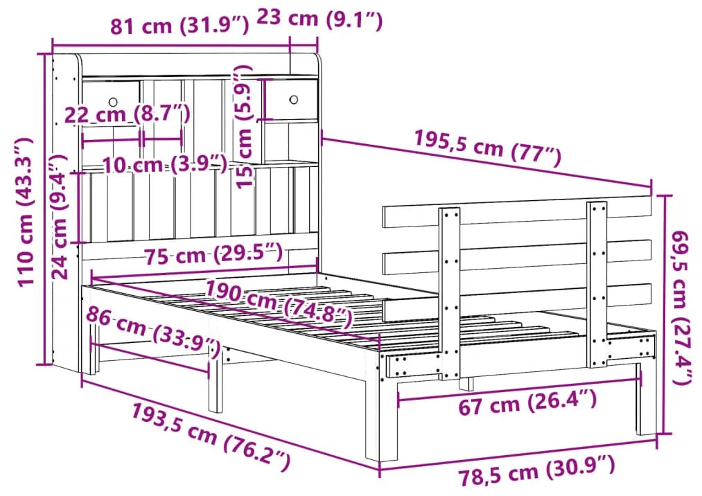 Cama com estante sem colchão 75x190 cm pinho maciço branco