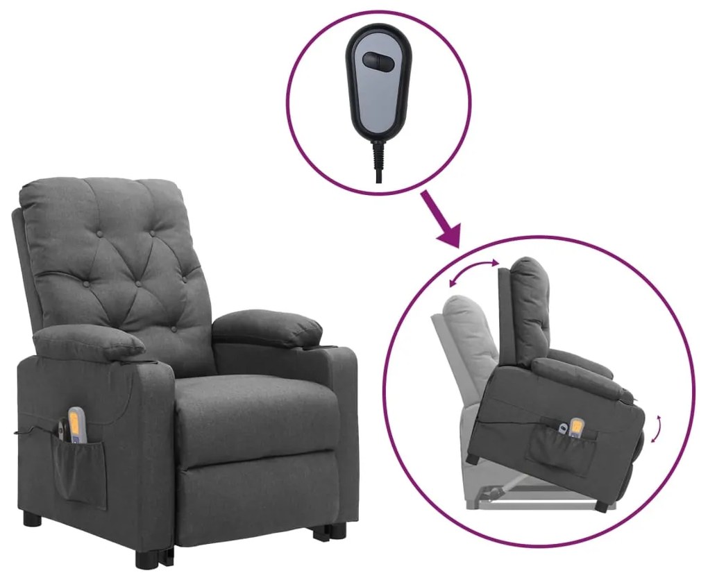 vidaXL Poltrona elevatória de massagens tecido cinzento-claro