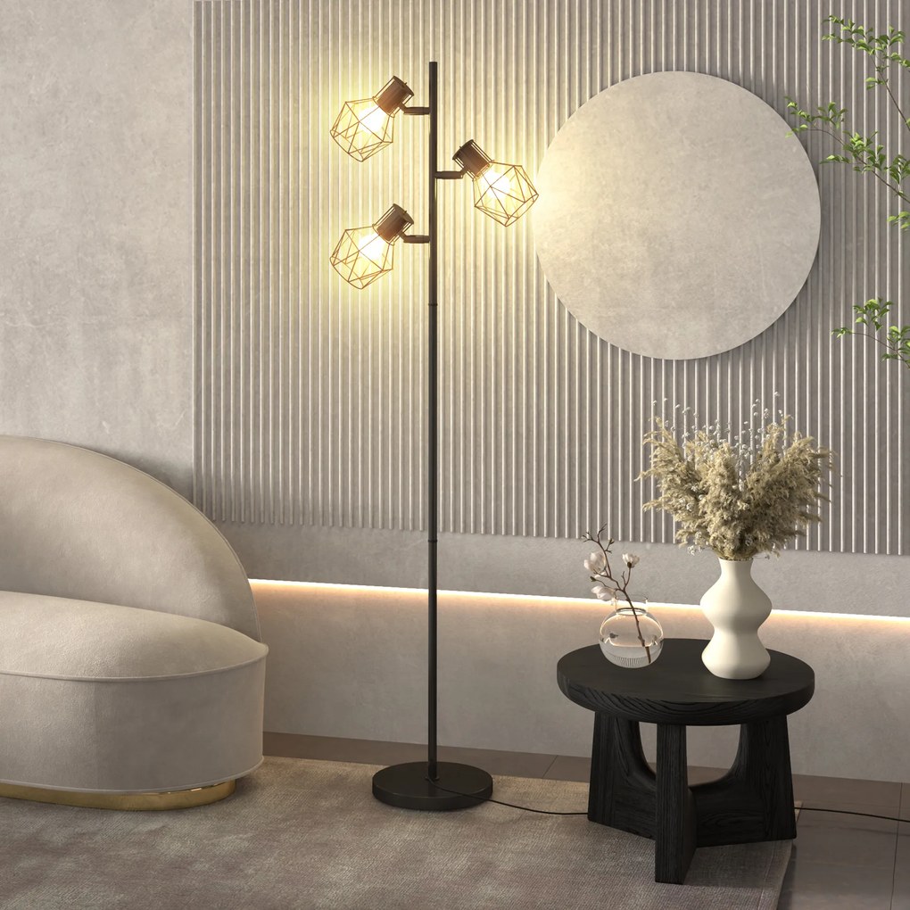 Candeeiro de pé para sala de estar com 3 luzes, compatível com lâmpadas E27 (não incluídas) 41 x 28 x 169 cm, preto