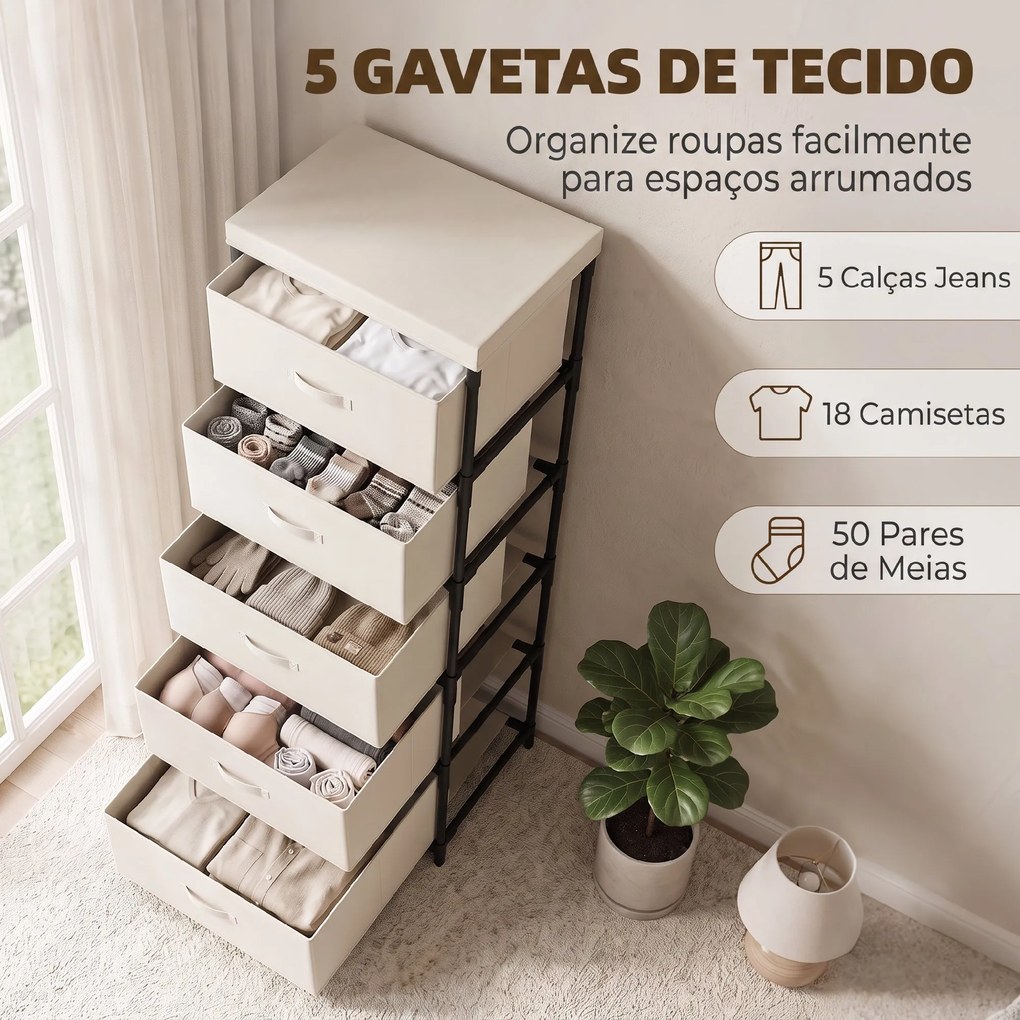 Cómoda de Quarto com 5 Gavetas em Tecido e Estrutura de Aço Gaveteiro para Sala Escritório Bege