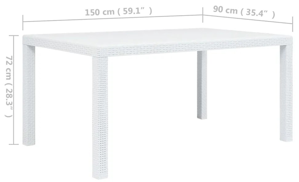 Mesa de jardim 150x90x72 cm plástico branco com aspeto de vime