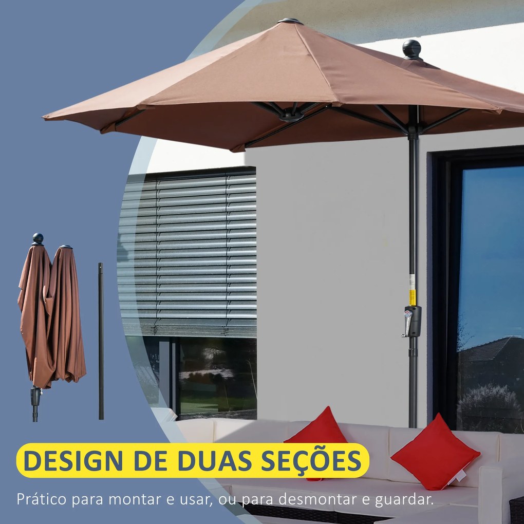 Chapéu de Sol de Parede 200x190x240 cm com Manivela Poste de Aço e Base Cruzada Anti-UV para Terraço Varanda Castanho