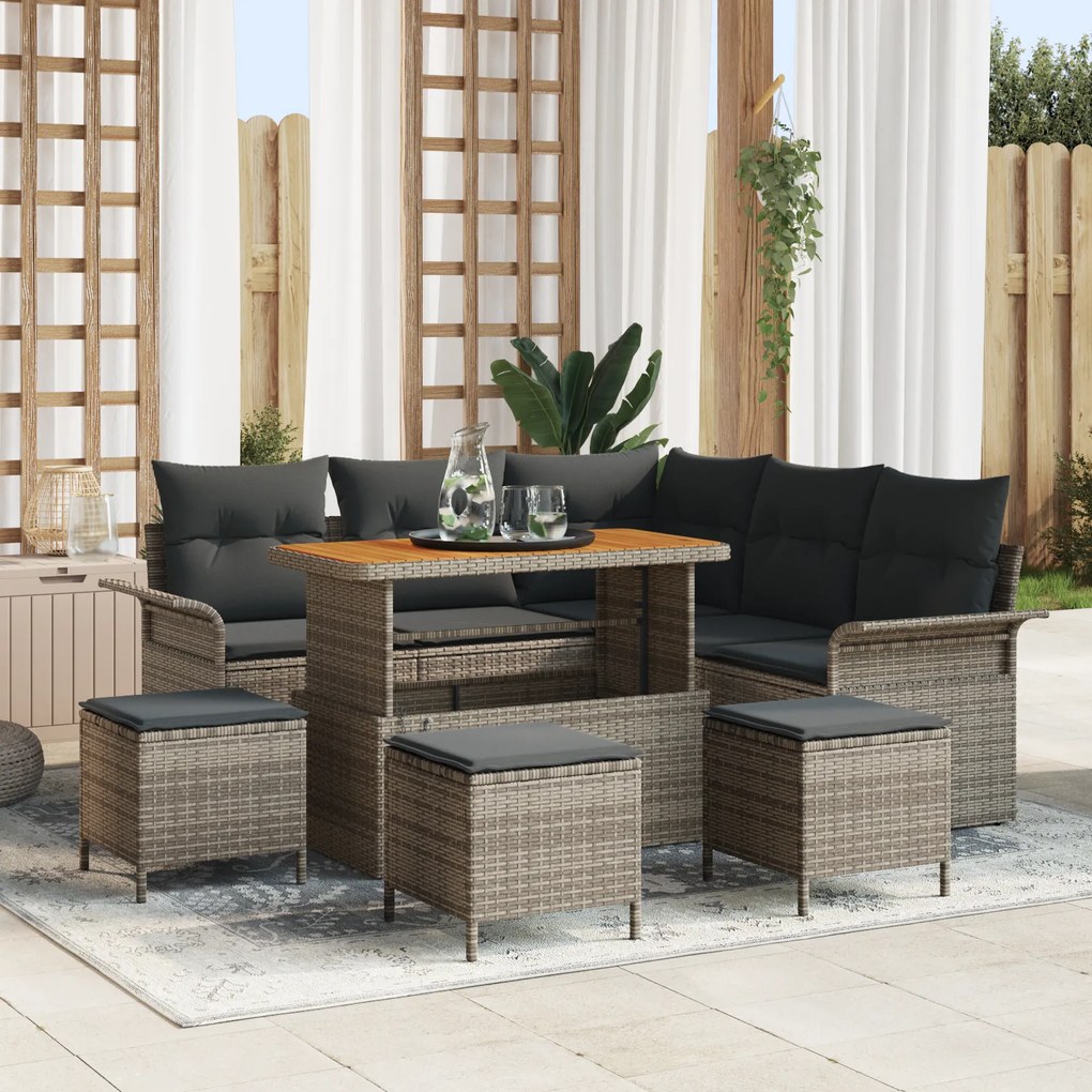vidaXL Conjunto de Sofás para Jardim de 9 Peças com Almofadas Cinza Rattan Sintético Acácia