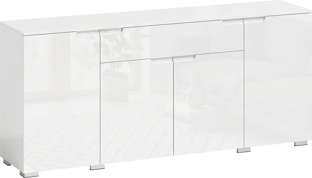 HOMCOM Aparador alto brilho, buffet moderno com 4 portas e prateleiras ajustáveis, armário de cozinha com fecho suave, Branco | Aosom Portugal
