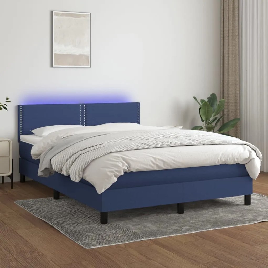 3133083 vidaXL Cama box spring c/ colchão e LED 140x200 cm tecido azul