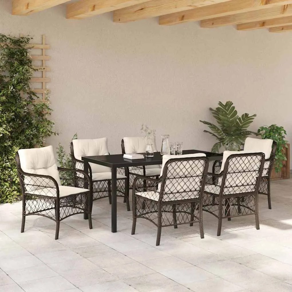 Conjunto de Jantar de Jardim com 7 Peças e Almofadas Marrons em Rattan
