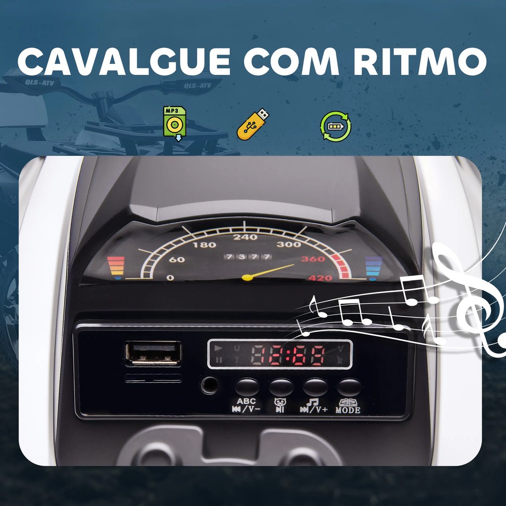 Moto 4 Elétrica 12V para Crianças com Farol Música Pneus de Suspensão Botões Avance e Retrocesso 100x65x73cm Branco